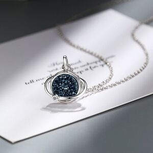 NEW 925 Sterling Silver Blue Druzy Planet Necklace